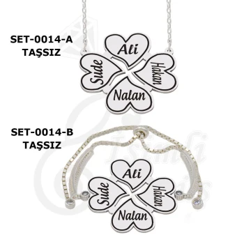 Gümüş 4 Kalpli Yonca İsimli Kolye Bileklik - Kamer Gümüş