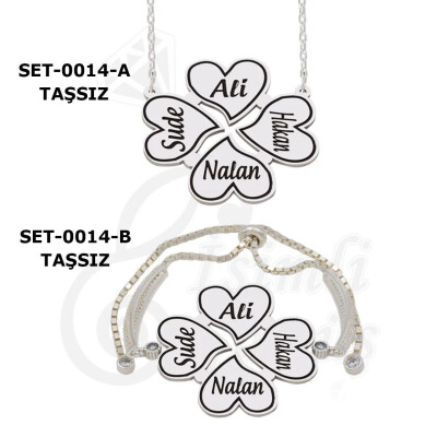 Gümüş 4 Kalpli Yonca İsimli Kolye Bileklik - Kamer Gümüş