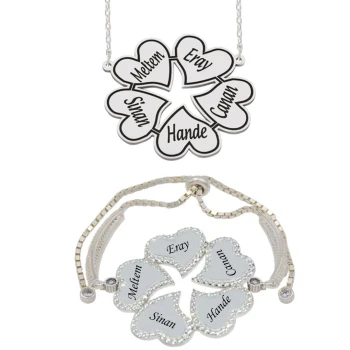 Gümüş 5 Kalpli Yonca İsimli Kolye Bileklik - Kamer Gümüş