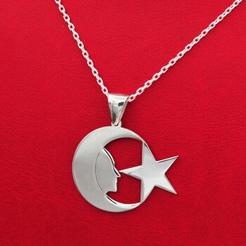 Gümüş Ay Yıldız Tasarımlı Atatürk Kolye - 1