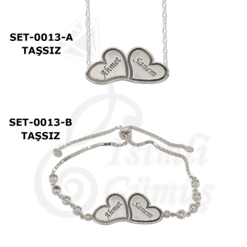 Gümüş Kalp Yonca İsimli Kolye Bileklik Set - Kamer Gümüş