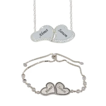 Gümüş Kalpli Taşlı Yonca İsimli Kolye Bileklik - Kamer Gümüş