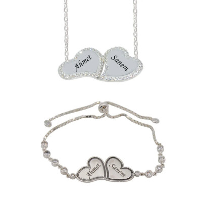 Gümüş Kalpli Taşlı Yonca İsimli Kolye Bileklik - Kamer Gümüş
