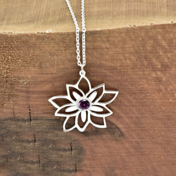 Gümüş Doğum Taşlı Lotus Çiçeği Kolye - 7