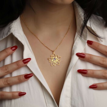Gümüş Doğum Taşlı Lotus Çiçeği Kolye - 1