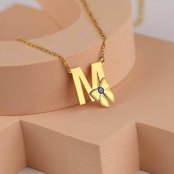 Gümüş M Harfli Fiyonk Desenli Kolye - 2