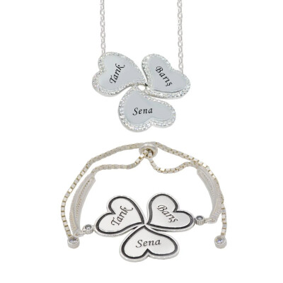 Gümüş Taşlı 3 Kalpli İsimli Kolye Bileklik - Kamer Gümüş