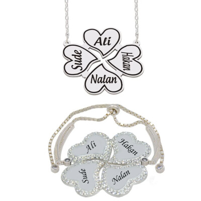 Gümüş Taşlı 4 Kalpli İsimli Kolye Bileklik - Kamer Gümüş