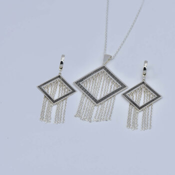 Gümüş Zincir Sallantılı Kolye, Küpe - 2