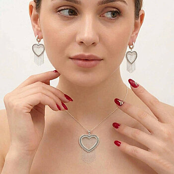 Gümüş Zincir Sallantılı Kolye, Küpe - Kamer Gümüş